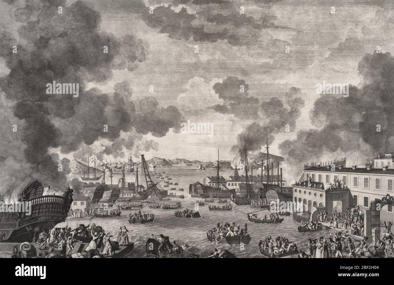 La coalition armée contre la France a évacué le port de Toulon en 1793. Feu d'une partie de la flotte française et de l'arsenal. Banque D'Images