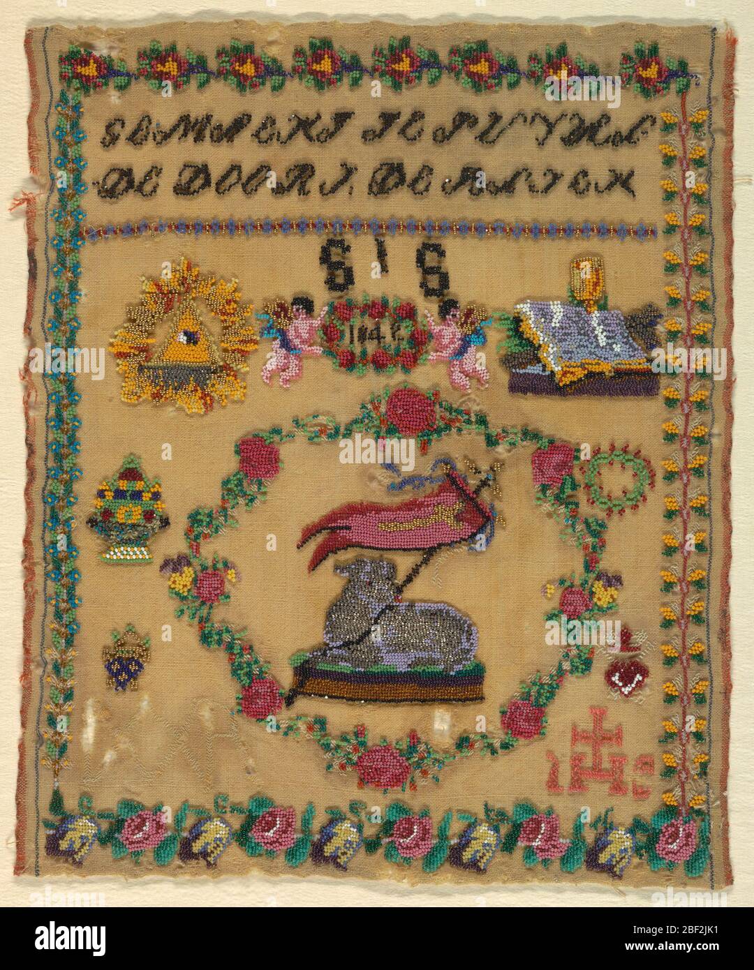 Echantillonneur. Bordure de quatre motifs floraux entourant une inscription en néerlandais (?) avec motifs détachés. Principalement religieux dans le caractère. Banque D'Images