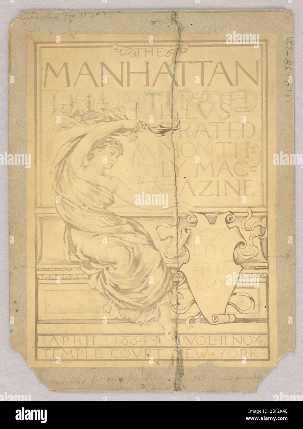Couverture de Manhattan illustré Magazine avril 1884 avec corrections. Photo de couverture du Manhattan Illustrated Magazine, New York, avril 1884, par Evans après Lathrop. Placement du mot « illustré » corrigé dans le graphite. Verso : moitié supérieure, en graphite, section de bande avec deux rouleaux acanthus. Banque D'Images
