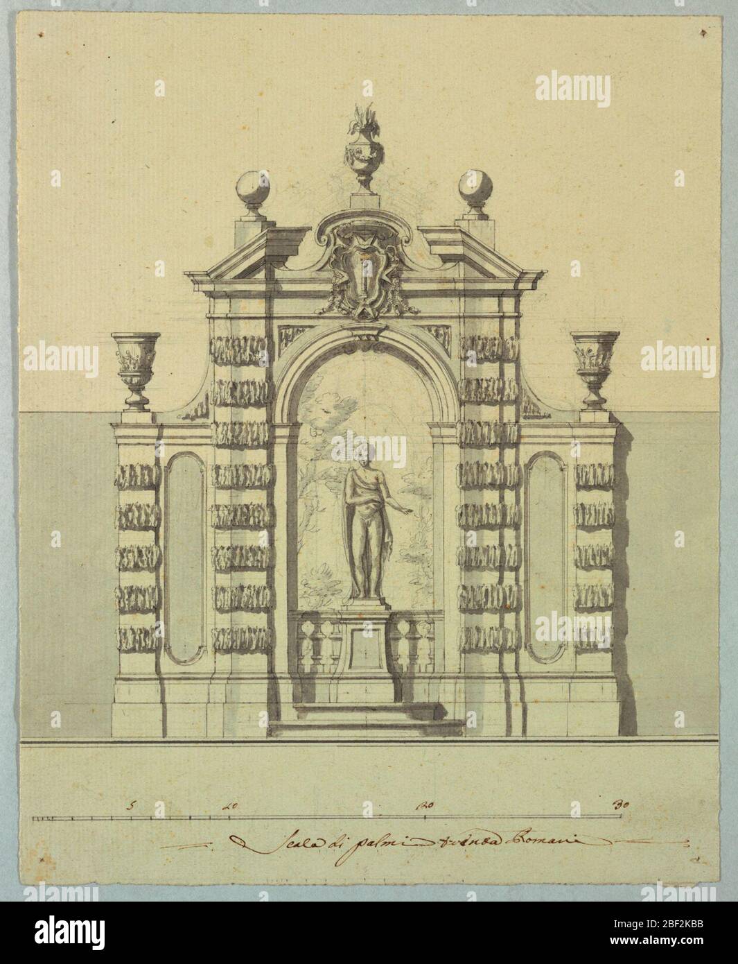 Conception pour l'architecture de jardin avec les bras Colonna. Élévation de l'architecture du jardin avec statue d'un jeune dans une arche. Ci-dessus, un pediment brisé avec les armoiries de la famille Colonna : une colonne couronnée. Banque D'Images