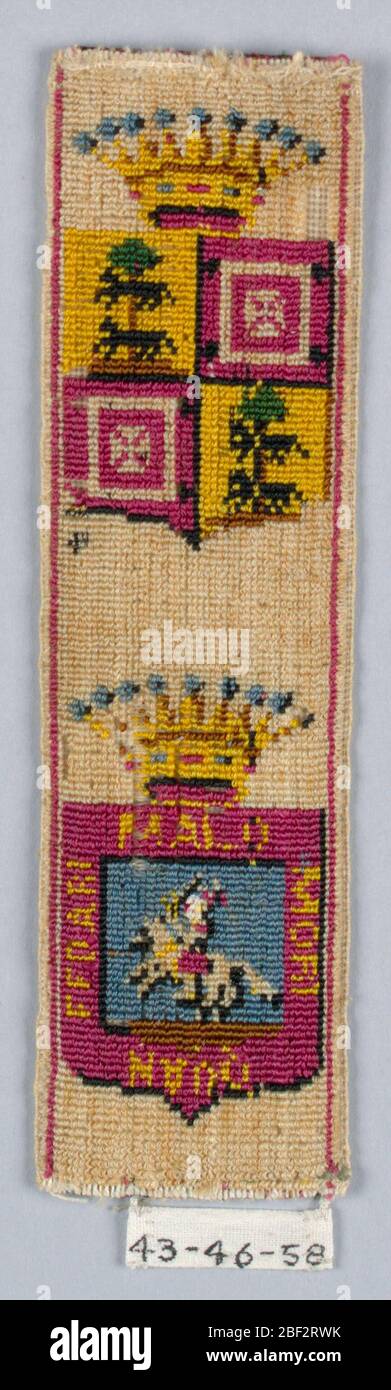 Rognage. Deux boucliers, chacun sous une couronne. L'un montre une croix maltaise dans chacun des deux quarts et un arbre avec deux petits animaux dans chacun des deux quarts. L'autre bouclier montre un horseman avec une devise. Les couleurs sont le bleu, le violet, le vert, le jaune et le noir sur un sol blanc. Banque D'Images