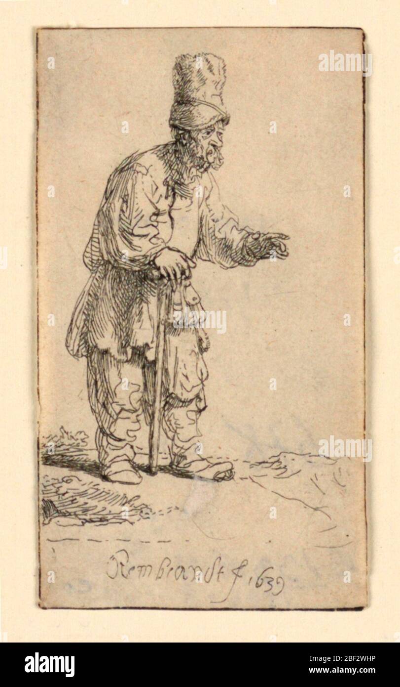 Un paysan dans un penchant debout à haut cap sur un bâton. Figure pleine longueur d'un homme, debout, face à droite. Sa main droite repose sur son bâton de marche, des gestes avec son autre main. Il est barbu, porte un grand chapeau. Banque D'Images