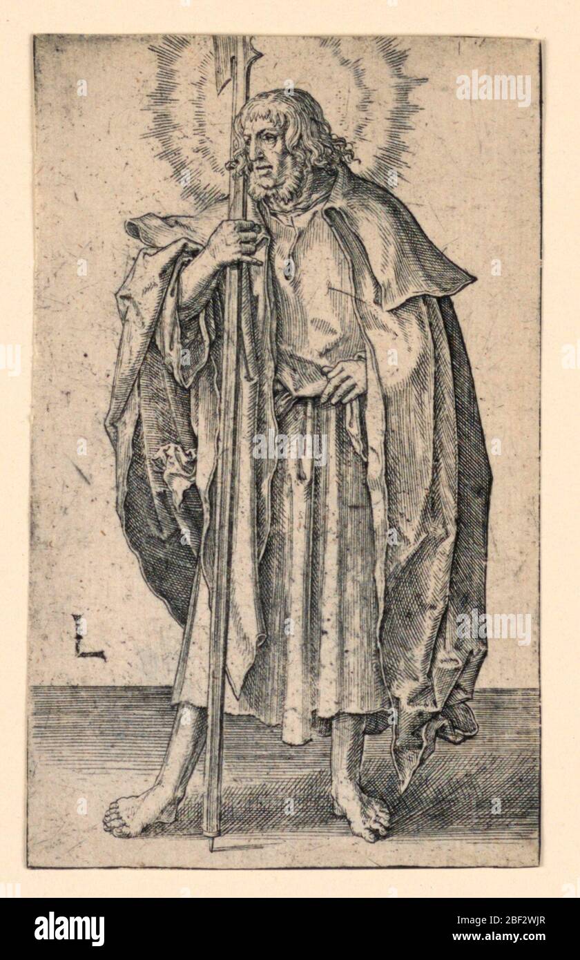 St Matthieu. Une figure pleine longueur du saint, debout, face au spectateur, la tête s'est tournée brusquement vers la gauche. Sa main gauche est sur sa hanche, la main droite tient un halberd. Le monogramme de l'artiste, 'L', apparaît en bas à gauche. Banque D'Images