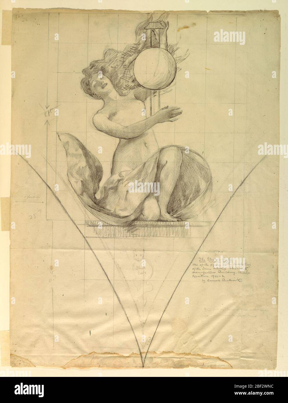 L'étude de lumière électrique pour les manufactures et les arts libéraux Building Worlds Columbian exposition Chicago il. Femme se pétrichant sur le genou droit, édreuse sur les cuisses ; tête repliée vers l'arrière ; bras gauche levé pour maintenir le cadre de la sphère, bras droit étendu sur le corps. Ci-dessous, esquisse d'un chat. Carré pour copie. Banque D'Images