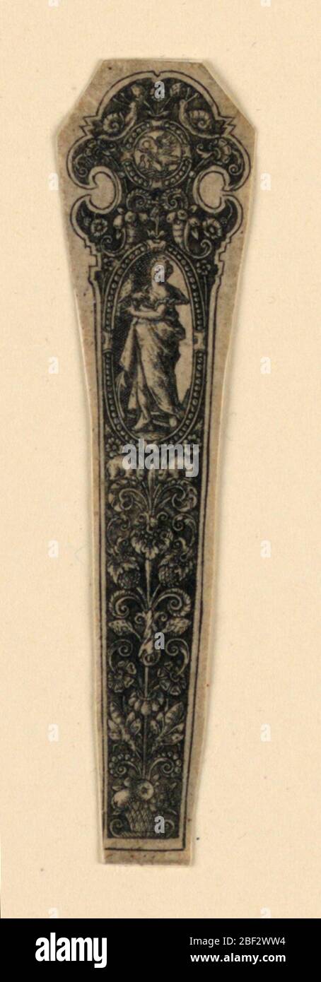 Conception d'une poignée de couteau montrant l'une des vertus. Une femme représentant l'un des vrtues, tenant un oiseau et un livre (?), est montré dans un ovoïde; medallion comme en 1946-33-3. Ornement comme en 1946-33-3. Banque D'Images