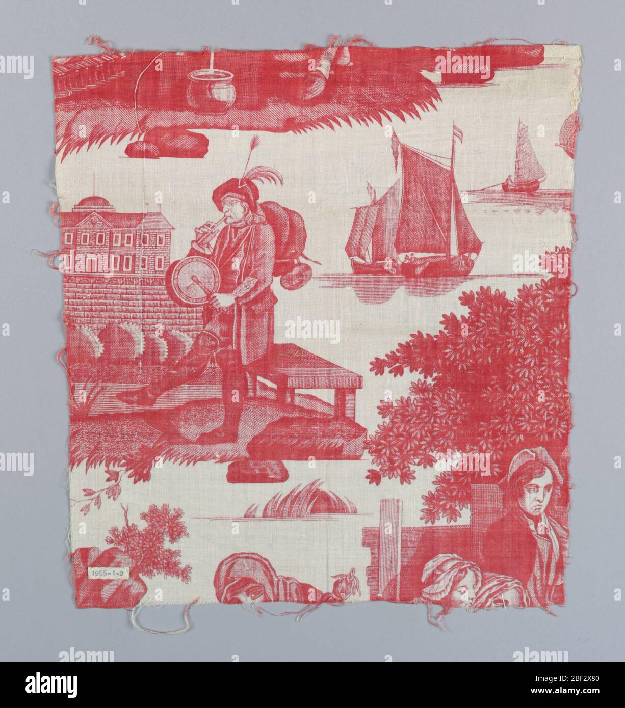 Textile. Probablement un morceau de 1955-6-1 A, B. Rouge sur blanc. Imprimé pastoral avec bateaux de voile dans les interstices. Plaque en cuivre. Banque D'Images