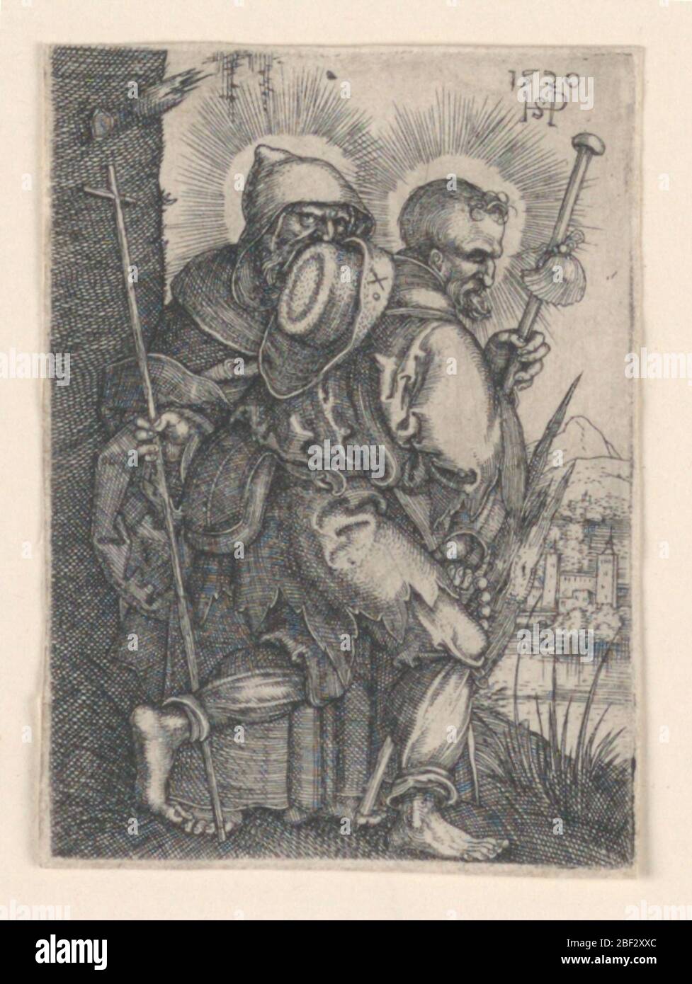Saint Philippe et Saint James Major. Les figures des Apôtres Philippe et James sont montrées, marchant vers la droite. Saint Philippe portant un crozier ou un personnel, surmonté d'une croix; Saint James Major portant un pèlerin. Banque D'Images