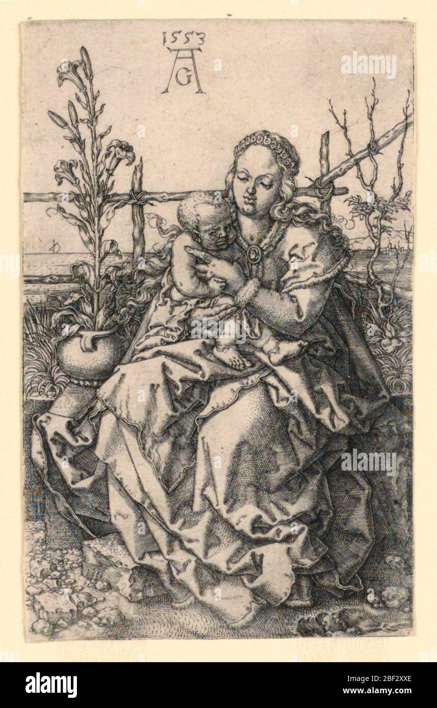 Vierge et enfant. Gravure représentant la Vierge et l'enfant assis sur une rive herbeuse. Banque D'Images