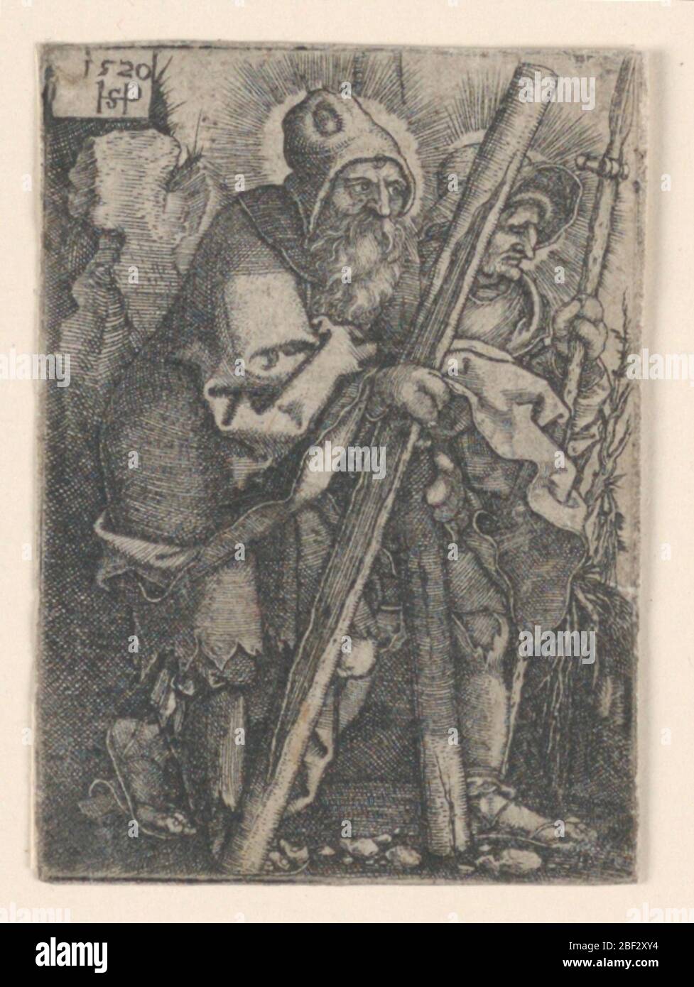 Saint Andrew et Saint Thomas. Les figures de deux apôtres sont montrées, marchant vers la droite: Saint Andrew portant une grande croix en bois, qui est en forme de x, et Saint Thomas portant une lance. Banque D'Images
