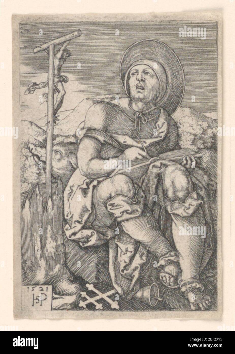 Saint Anthony l'Hermit. La figure de Saint Anthony est représentée assis, à droite, écrivant dans un livre. Sa tête est légèrement tournée vers la gauche, concernant un crucifix qui est placé dans un arbre de souche à gauche. En bas à gauche, dans un comprimé, le monogramme de l'artiste et la date 1521. Banque D'Images
