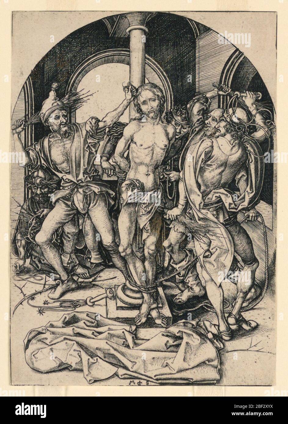 La Flagellation du Christ de la série la passion du Christ. Christ est au centre être flagellé par les hommes qui l'entourent. À gauche, un homme s'agenouille pour récupérer une couronne d'épines. Banque D'Images