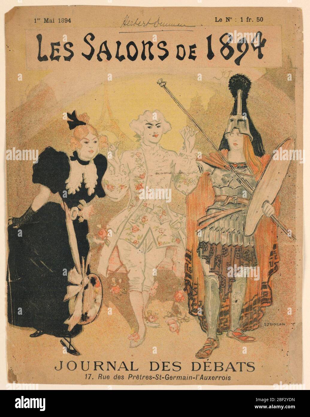 Le salon de 1894 couvrir Journal des battes. Couverture du Journal des Débats, 1er mai 1894, montrant un monsieur au XVIIIe siècle robe des roses de la strewing devant une dame avec une palette suspendue de sa ceinture et un homme en armure tenant la palette et les brosses. Banque D'Images