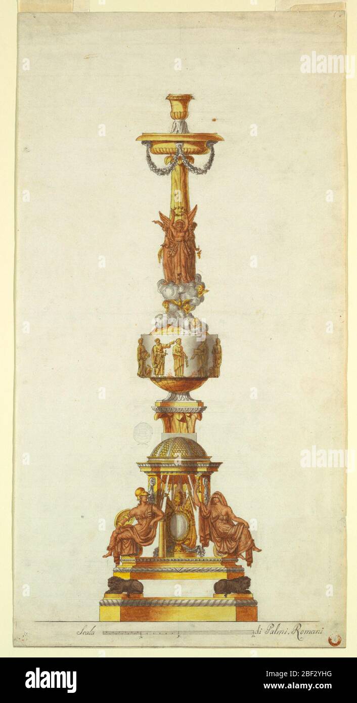 Conception pour un Candelabrum. Un design pour un seul candélabre. Au fond, les lions, se croquant sur une base, soutiennent un pavillon, sur les volutes dont sont assis deux figures féminines: 'Longueur,' à gauche et 'foi,' à droite. Au centre se trouve une escutcheon papale. Banque D'Images