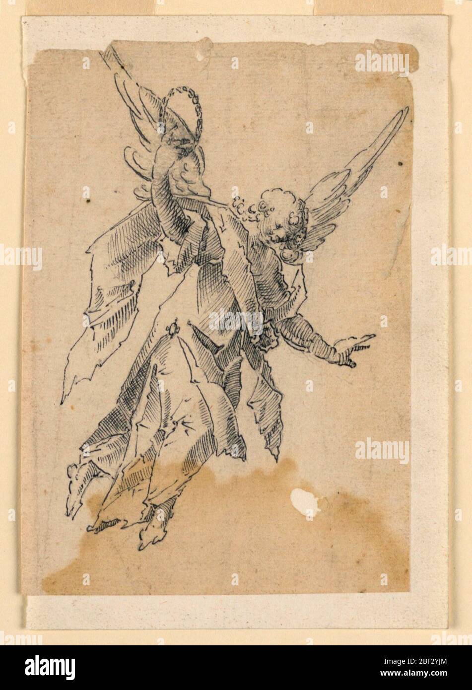 Un ange volant transportant une couronne. Rectangle vertical. Figure d'un ange volant portant une couronne, illustrée obliquement du côté droit, volant vers le bas. Le bras droit avec couronne est relevé. Banque D'Images