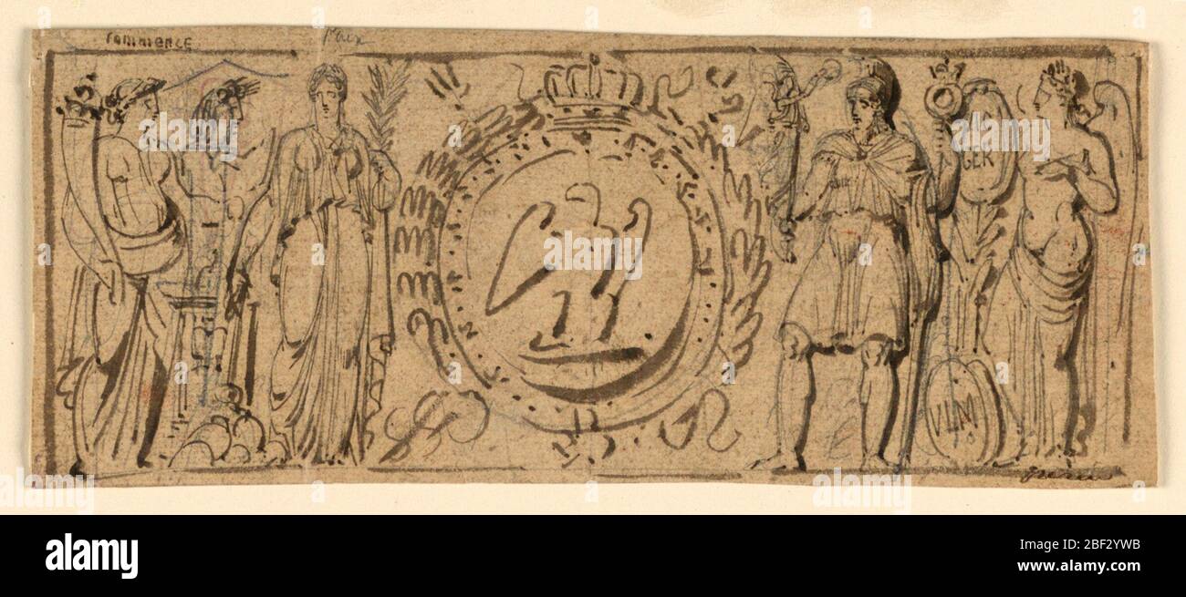 Design pour une banknote. Cinq figures de classe se trouvent autour d'un emblème central couronné d'un aigle au centre et d'une bordure végétale stylisée. Les chiffres contiennent des attributs, y compris une cornicopie, une branche laurier et une victoire aidée. Banque D'Images