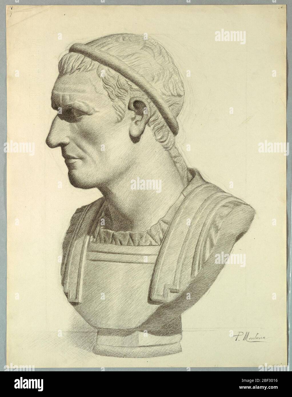 Buste d'un sénateur romain rendu à partir d'un plâtre. Rectangle vertical. Le buste est montré tourné à mi-gauche. Signé (dans charbon de bois) en bas à droite: 'P. Montana / avril 1910'. Banque D'Images