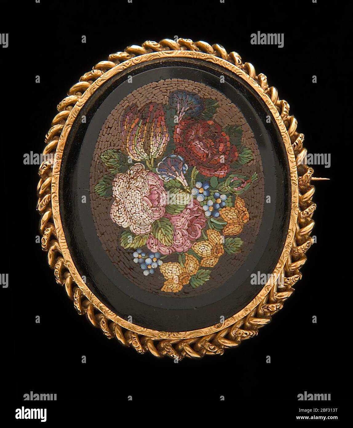 Broche En Micro Mosaïque Florale - Style Art Déco - Occasion - Métal Laiton Et Pierre