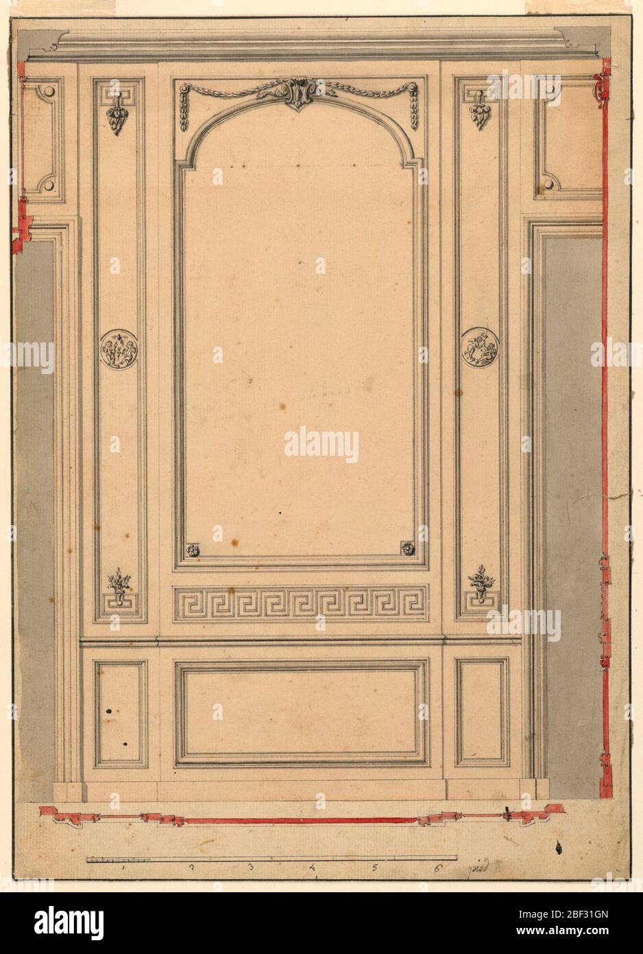 Conception d'un panneau mural Wainscated. La section centrale projetée montre probablement un cadre de miroir sur une moulure. Bandes de pilaster avec médaillons circulaires montrant les enfants, latéralement. Papa en dessous. L'extérieur est une partie des ouvertures de porte avec porte-à-dessus. Section des moulures. Banque D'Images