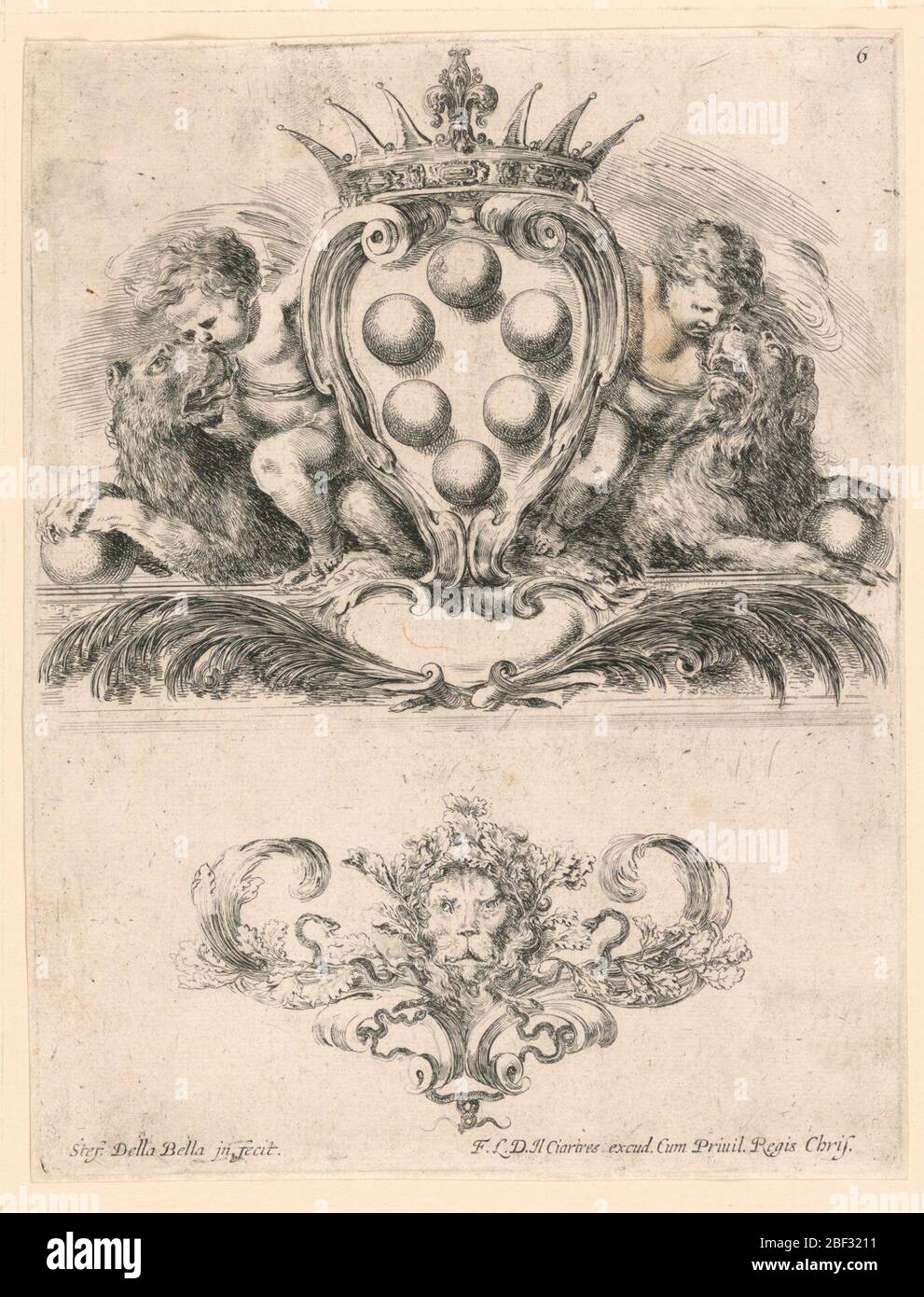 Armoiries du Grand-duc de Toscane ornement d'un masque Lion No 6 de Raccolta di varii priccii et nove inventioni di cartelle et ornamenti. Ornement avec un masque de lion. 6 du même ensemble que -10, 'Raccolta di varii priccii,' etc Banque D'Images
