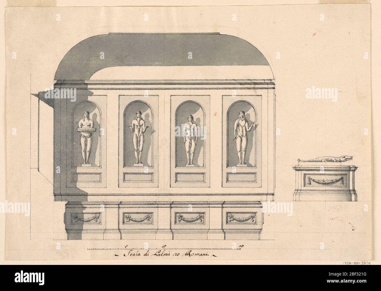 Design pour la chambre égyptienne Palazzo Nuovo Rome Italie. Vue sur l'élévation d'un design pour les niches de statues égyptiennes dans le Palazzo Nuovo al Campidoglio à Rome, Italie. À gauche, vue sur l'élévation de quatre sculptures se tenant sur des plinthes dans des niches archies. En dessous de chaque est un fronton rectangulaire décoré avec des guirlandes. Banque D'Images