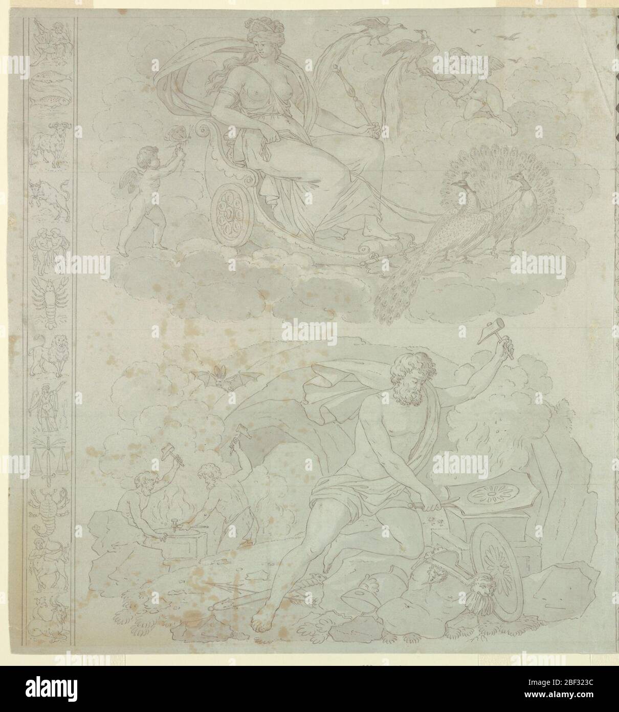 Dessin animé pour l'impression de coton les quatre éléments. Le dessin d'un textile est composé de quatre vignettes, séparées par des paires verticalement, au centre de la composition par une bande composée de trophées symbolisant les éléments, et à la répétition, par une bande montrant les signes du zodiaque:A: supérieur gauche, Juno Banque D'Images