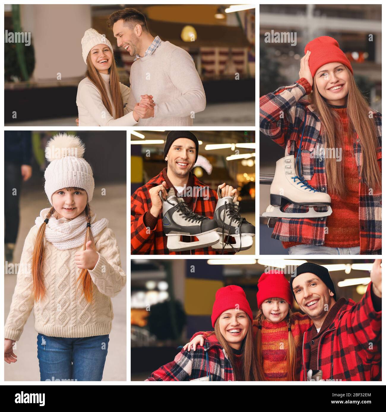 Collage de photos avec une famille heureuse sur la patinoire Banque D'Images