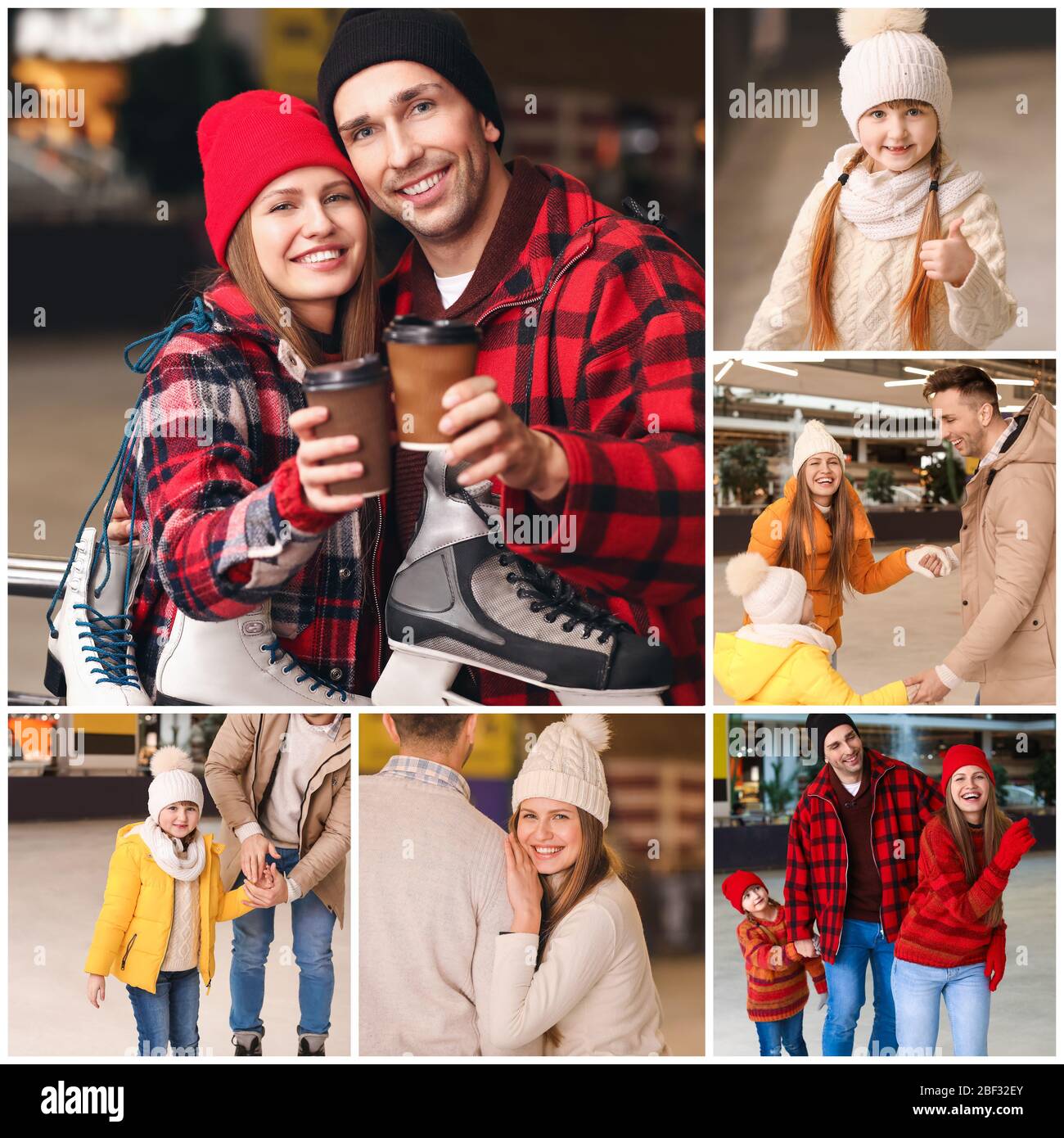 Collage de photos avec une famille heureuse sur la patinoire Banque D'Images