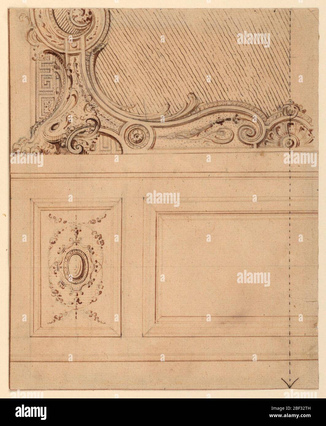 Conception de la partie inférieure d'un panneau mural. Trois panneaux de décoration architecturale, panneau supérieur montrant le bas gauche du cadre avec pied à griffe ; bas gauche avec motif fleuri autour de l'ovale central ; panneau central vide. La ligne pointillée avec la flèche en bas s'étend vers le bas sur le bord droit. Banque D'Images