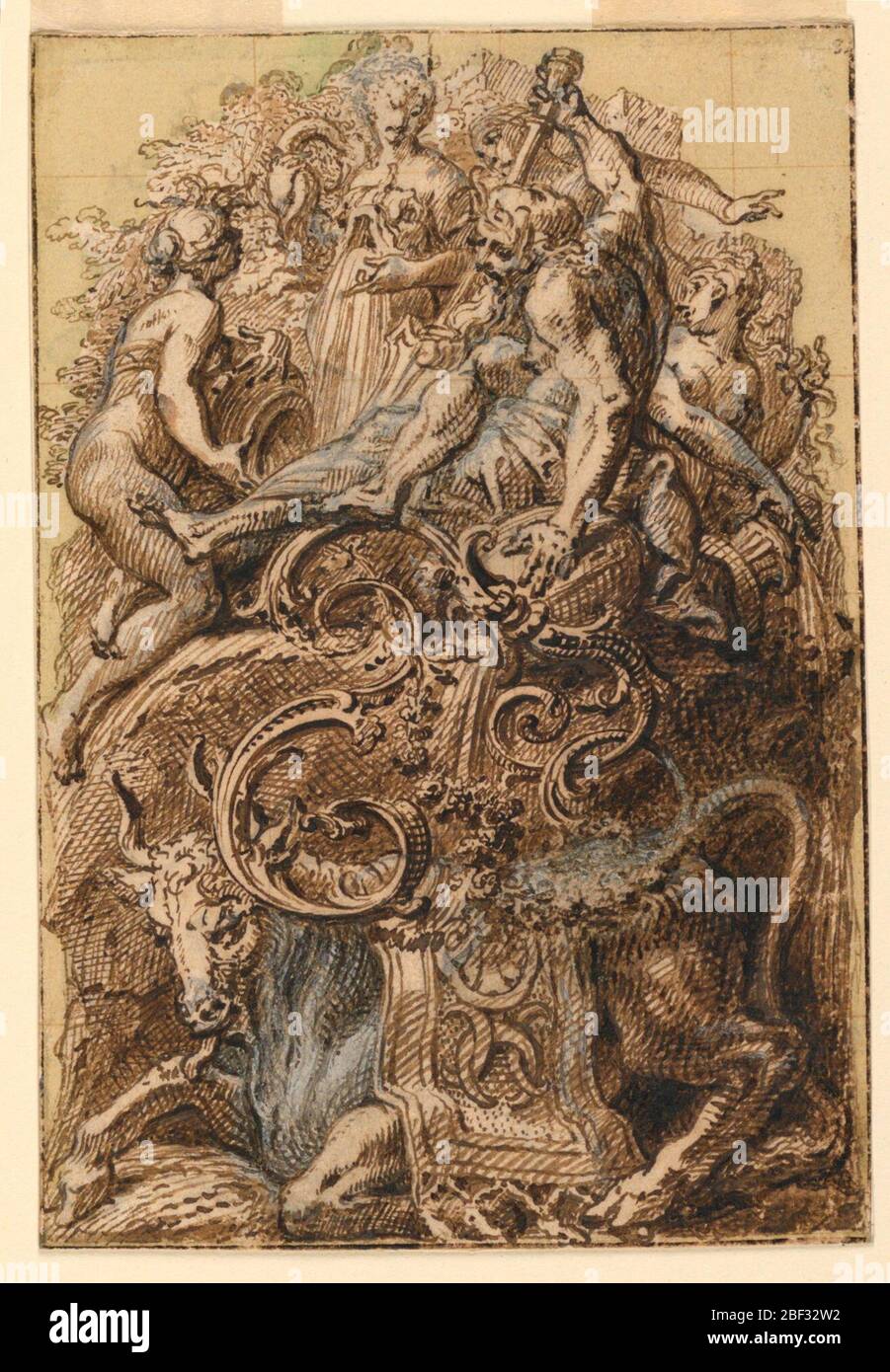 Conception pour lumineux initial F. Figures de dieu de rivière et quatre nymphes sur un rocher à la base duquel un taureau croche. La lettre F est affichée en sens inverse au centre du groupement figural. Banque D'Images