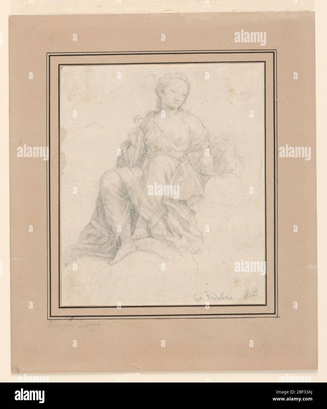Figure allégorique de fidélité. La figure allégorique de Fidelity est assise sur un nuage, regardant les colombes baisers sur sa gauche. Banque D'Images