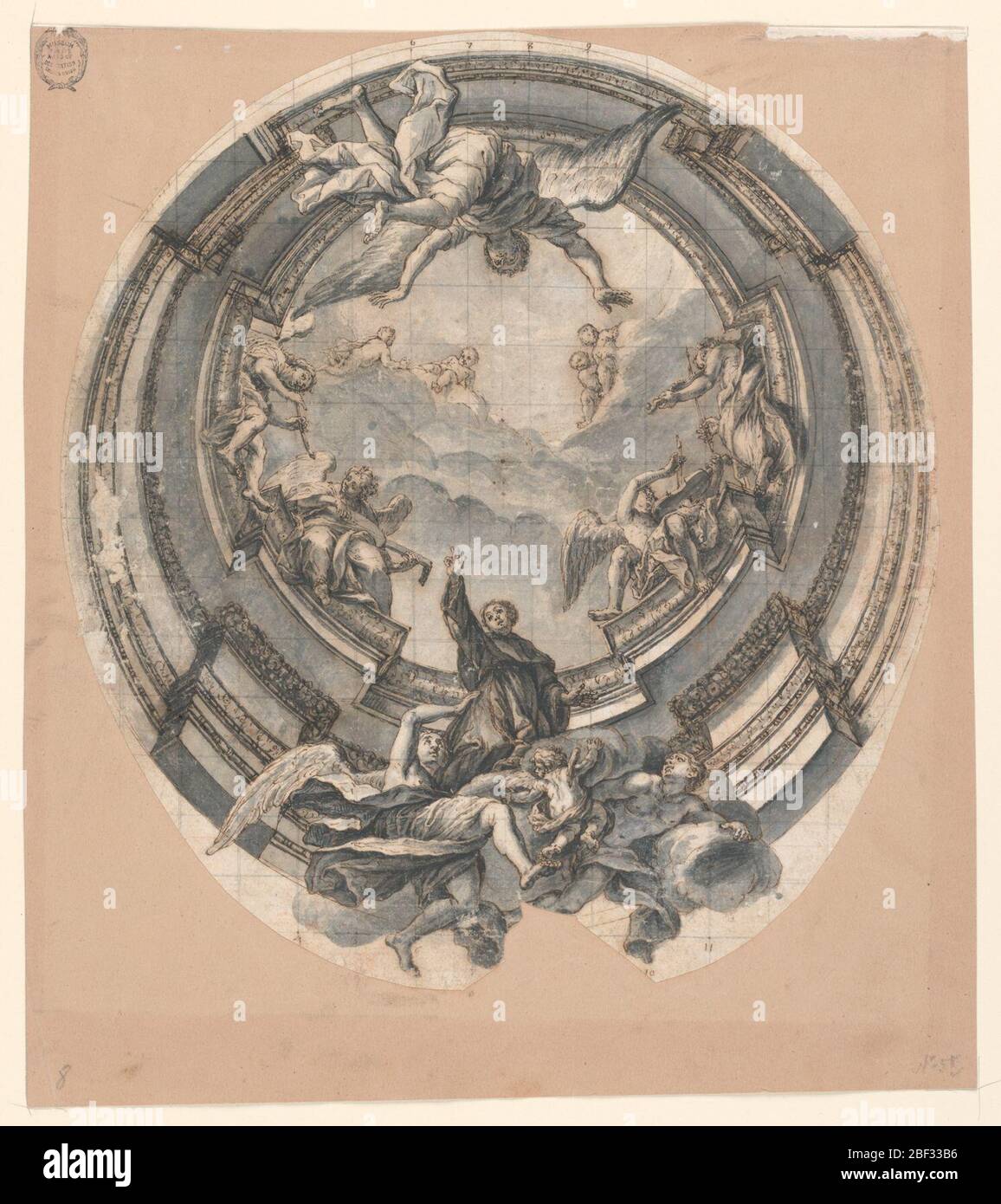 Design pour le dôme d'une Église dominicaine. Design vertical pour la décoration d'un dôme d'église. Le moine dominicain étant élevé sur un nuage dans les nuages éloignés du ciel avec de nombreux anges accompagnant le moine, certains jouant des instruments de musique. Lignes de grille en graphite. Banque D'Images