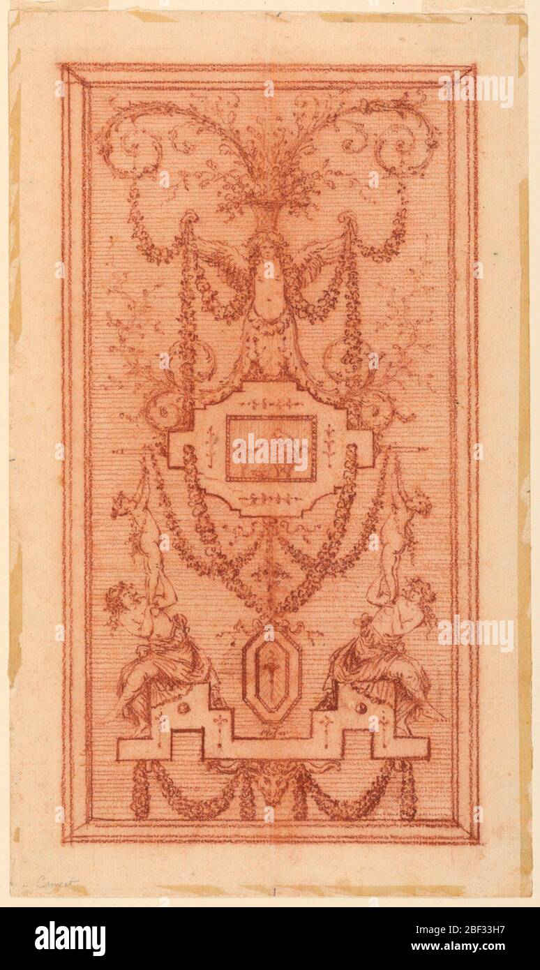 Conception d'un panneau décoratif avec nymphes et guirlandes. Un design pour un panneau décoratif avec composition verticale. De bas en haut: La tête d'un RAM soutient un socle élaboré sur lequel reposent deux filles. Ils portent des enfants sur leurs épaules. Banque D'Images