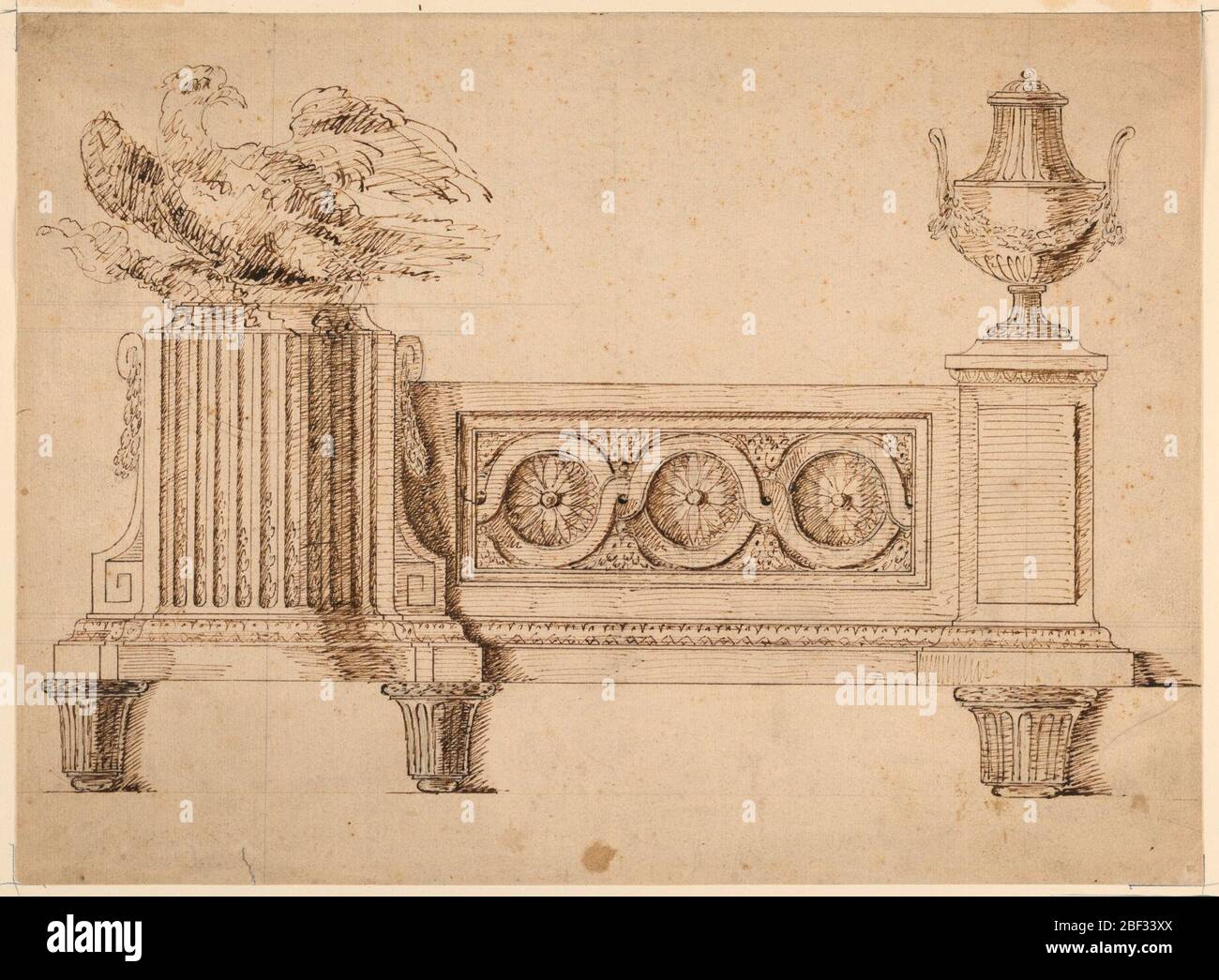 Conception pour un andiron. Un aigle tenant un thunderbolt est placé au bas d'une colonne cannelée. Les bandes ondulées entrelacées relient la colonne à une urne au sommet d'un pilaster. Banque D'Images