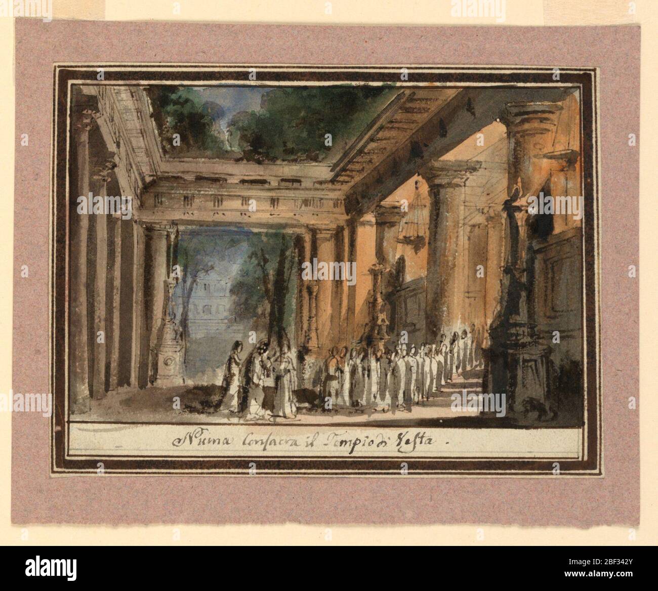 Conception pour la définition de la consécration du temple antique. Rectangle horizontal. Foule de personnages dans le temple antique à crépuscule, lumière des braziers suspendus dans le temple à droite. Banque D'Images