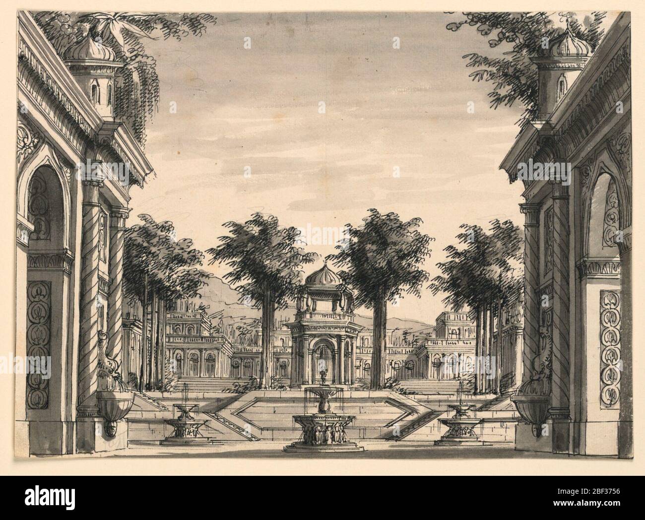 Stage Design Indian Palace Garden pour le Ballet Gengis Khan par Luigi Henry. Rectangle horizontal. Jardin de palais indien avec bâtiments; Ballo par Branbilla. Banque D'Images