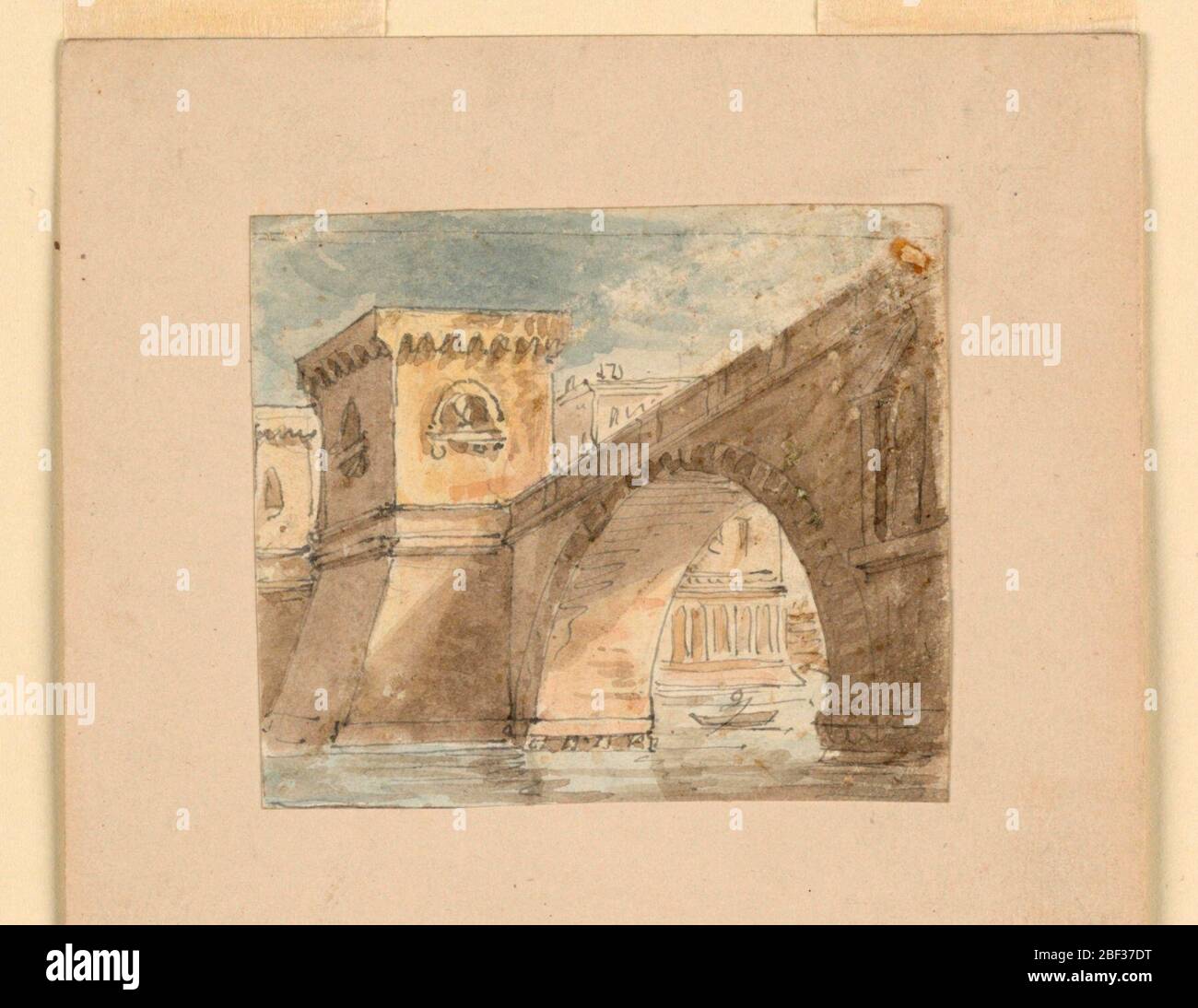 Pont de conception de scène sur l'eau. Rectangle horizontal. Pont menant à l'eau sur cinq arches par l'arche monumentale. Bâtiment central en dôme à l'arrière-plan. Banque D'Images