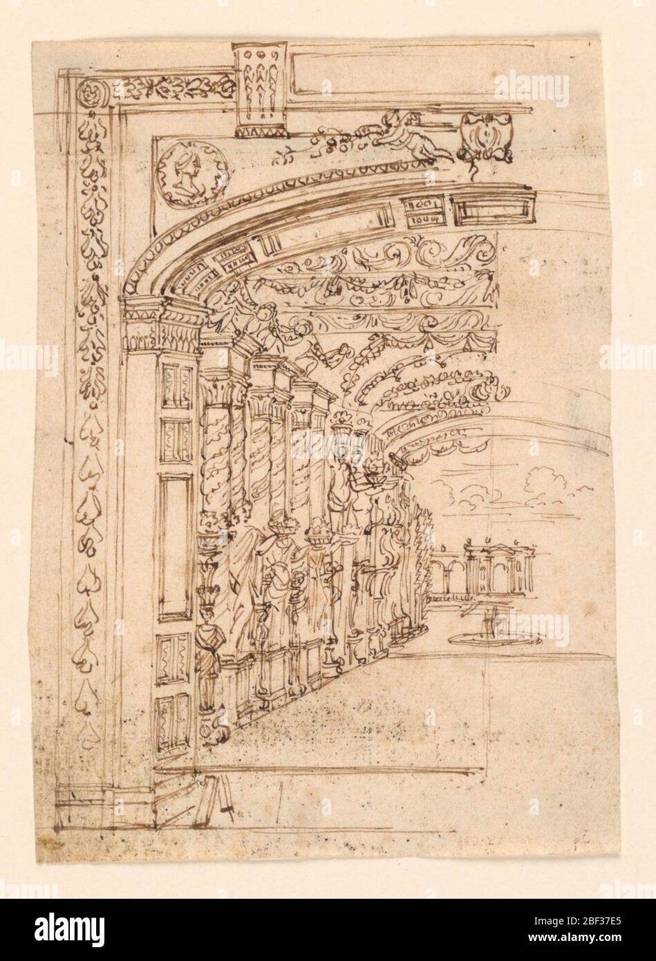 Stage Design Arcade menant à un jardin. Format vertical. Partie gauche d'un proscénium, avec un hall en colonnes et en état s'ouvrant vers un jardin, avec une fontaine. Le retour est un écran architectural, ou casino. La moitié droite du dessin est incomplète. Banque D'Images