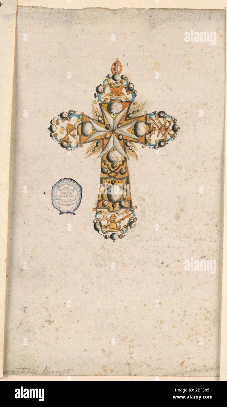 Design pour une croix de Malte. Conçu pour être exécuté en émail et en diamants. En bas, instruments de la passion. Banque D'Images