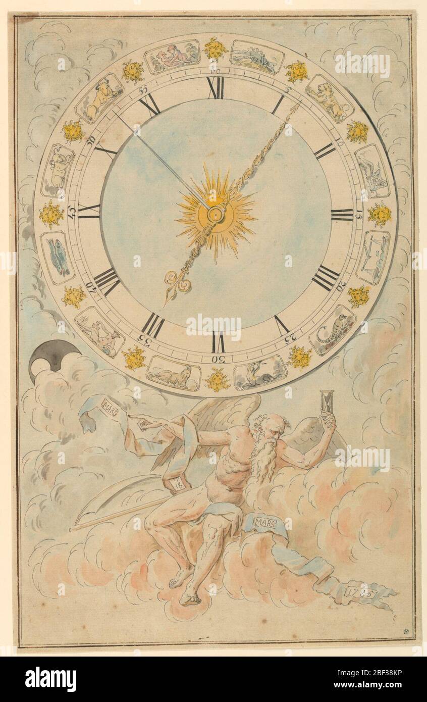 Face de l'horloge avec les signes du zodiaque. Les signes du zodiaque sont affichés sur sa bande extérieure. Chronos est assis sous le verre de l'heure avec sa main gauche et pointant vers un ruban. Il contient quatre trous angulaires dans lesquels la date exacte est destinée à être visible. Banque D'Images