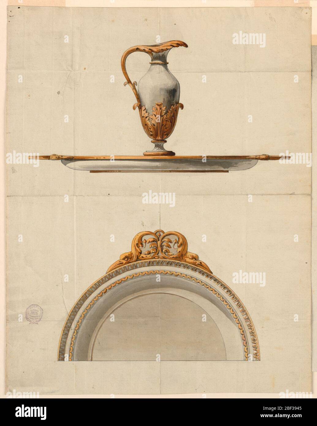 Conception d'un Pitcher et d'un bassin. Conception d'un pichet et d'un bassin destinés à être exécutés en argent doré partiel. Élévation et vue sur la bordure avec décoration de feuilles dorées. Banque D'Images