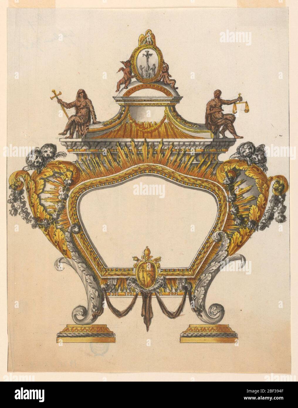 Design pour un autel comprimé. Rectangle vertical. Conception d'un comprimé d'autel avec des contours incurvés, soutenu par deux volutes de feuilles debout sur des bases. Ci-dessous, au centre du cadre, le manteau des armes du Pape Pie VII. Les chérubins sont sur les côtés des volutes. Banque D'Images