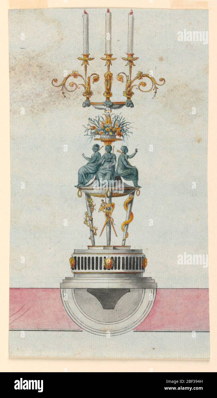 Design pour une bougie. Rectangle vertical. Conception d'un chandelier destiné à être exécuté en bronze doré et vert et en marbre blanc. Sur une base demi circulaire avec un ruban à cannelures noires, décoré de trois masques de lion or, se tient un trépied. Banque D'Images