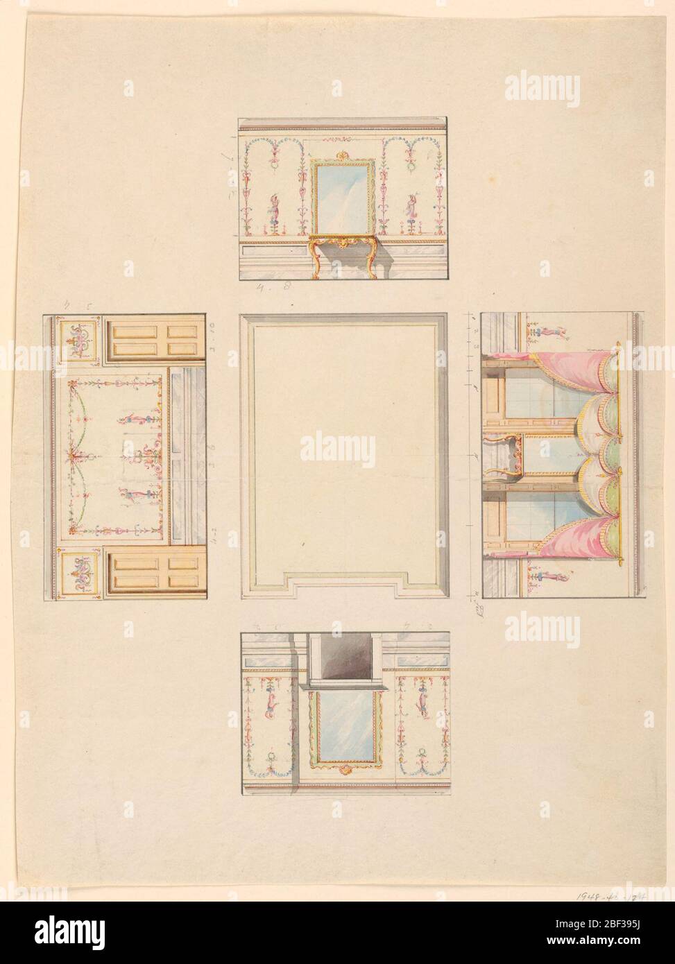 Design pour plafond et quatre murs de la chambre. Rectangle vertical : centre du plafond. La paroi supérieure est dotée d'un centre de console, d'un miroir au-dessus. Le mur droit comporte des fenêtres de chaque côté de la console avec un miroir au-dessus. Le mur inférieur a un foyer central, miroir au-dessus. Le mur gauche est décoré de panneaux, portes à gauche et à droite. Banque D'Images