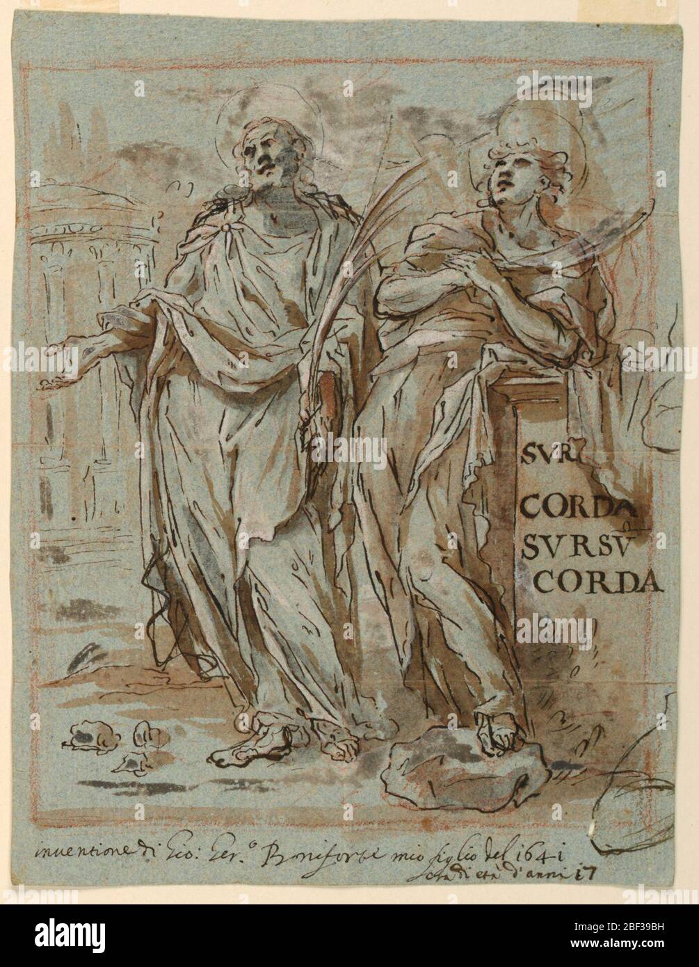Deux martyrs. le saint à gauche est illustré en vue de face. Il est barbu et se tient avec sa main droite étendu, la paume tournée vers le haut. Dans sa main gauche est une branche de paume. Le saint à droite est plus jeune et se tient à côté d'un piédestal sur lequel il penche son coude gauche. Banque D'Images