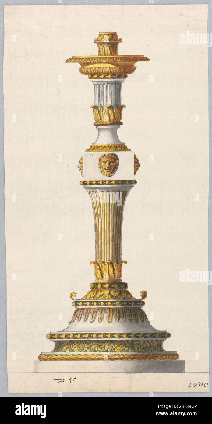 Design pour une bougie. Rectangle vertical. Conception d'un chandelier destiné à être exécuté avec du marbre blanc et du bronze doré. Au-dessus d'une base, deux colonnes foliées et cannelées sont reliées par un carré, avec des masques de lion au centre. Banque D'Images Design pour une bougie. Rectangle vertical. Conception d'un chandelier destiné à être exécuté avec du marbre blanc et du bronze doré. Au-dessus d'une base, deux colonnes foliées et cannelées sont reliées par un carré, avec des masques de lion au centre. Banque D'Images