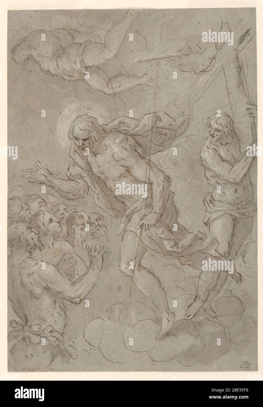 Christ dans Limbo. Christ, sur une banque de nuages, va vers un groupe de figures, en bas à gauche. Une autre figure maintient la croix, droite et une figure flotte au-dessus. Banque D'Images