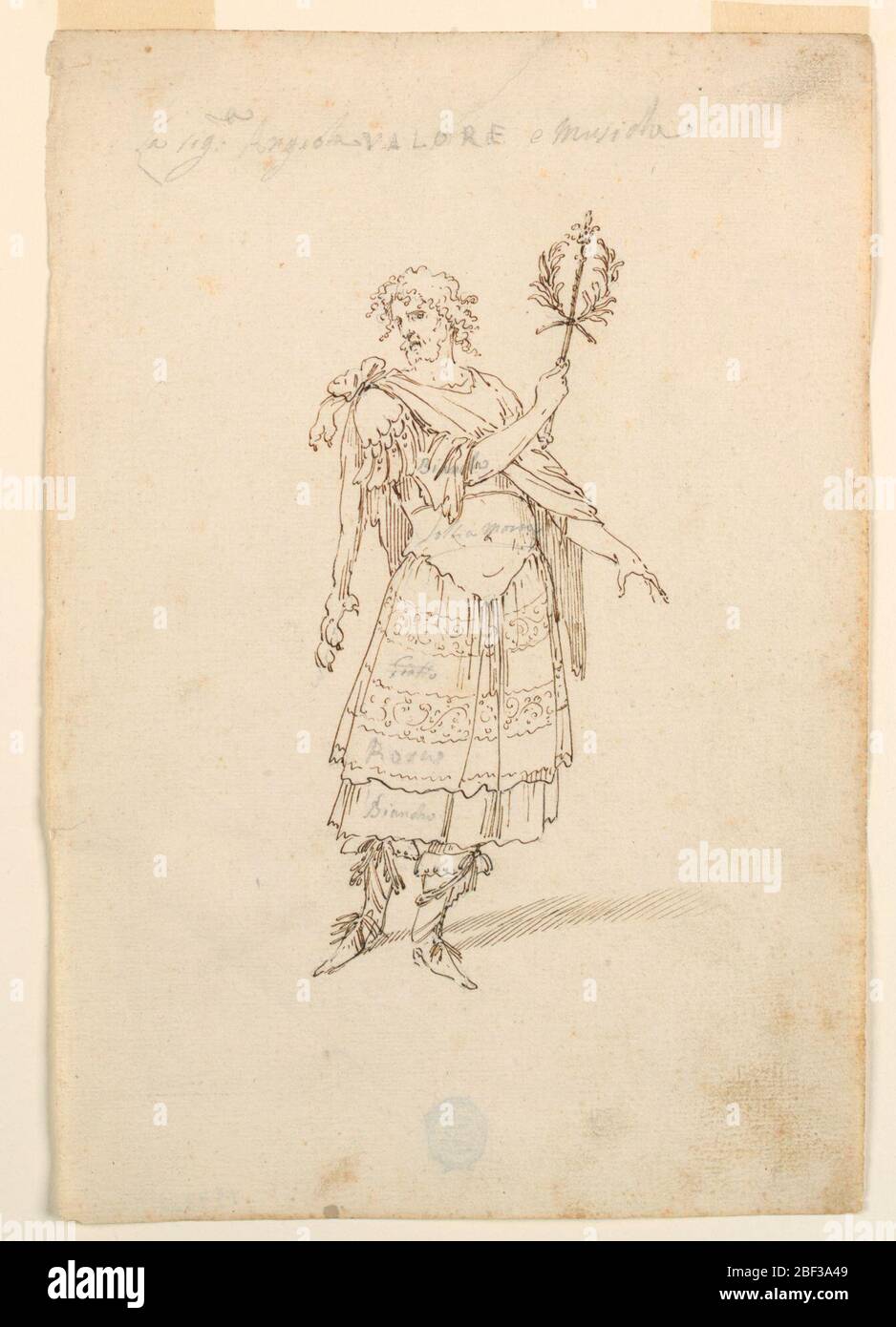 Valor et musique de conception de costumes pour un Ballet. Rectangle vertical. Un homme barbu portant une jupe est montré frontally. Il soulève avec sa main droite une masse semblable à celle de l'objet 1942-3-5. Une peau de lion se pend autour de ses épaules. Banque D'Images