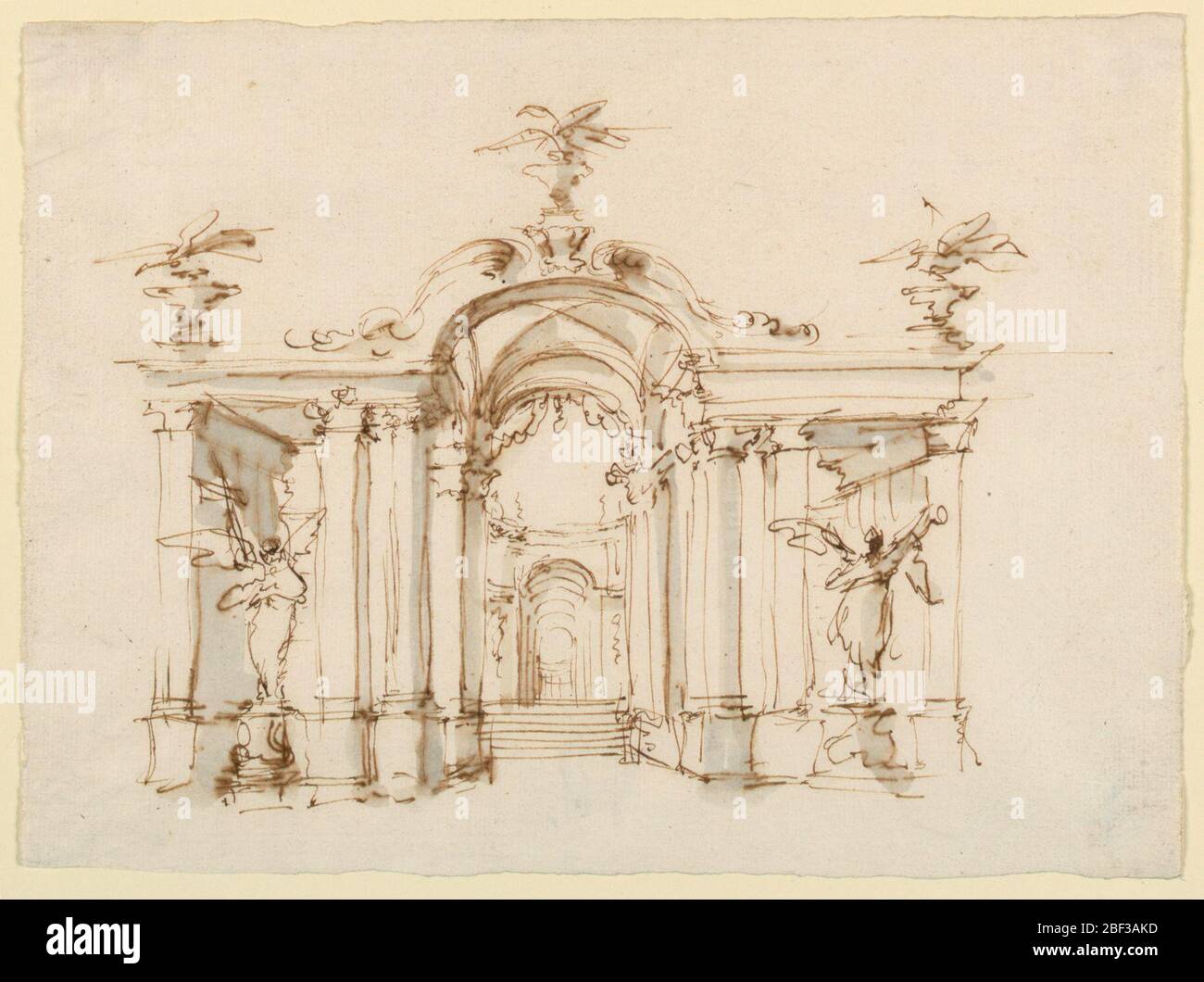 Conception de scène une loggia de jardin. Les petites barrières d'une porte monumentale sont ouvertes. Il a la forme d'une colonnade avec une partie centrale voûtée supérieure, et avec deux parties latérales inférieures, droites et couvertes. Banque D'Images