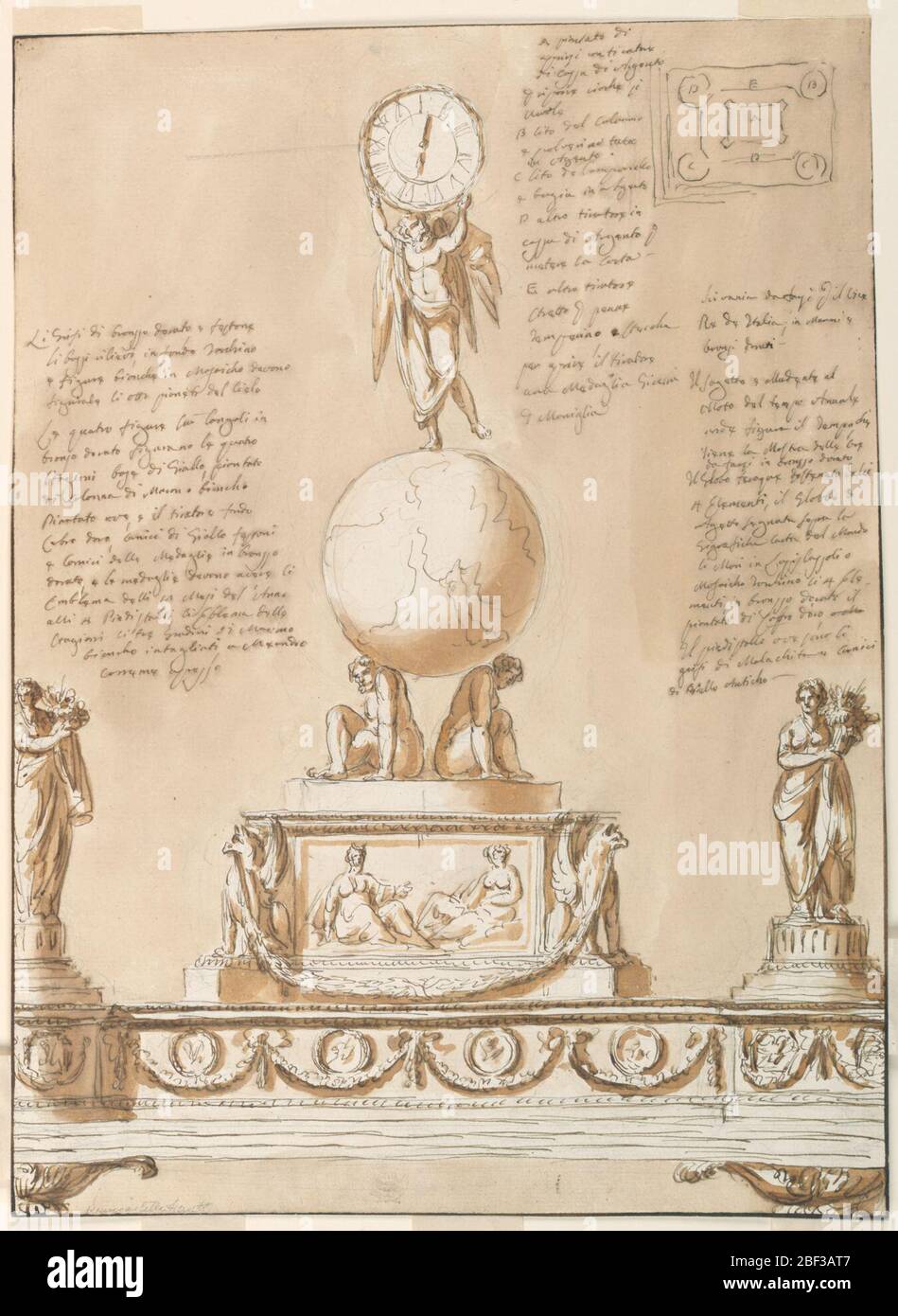 Inkstand pour le Vice-roi Eugne de Beauharnais d'Italie. Conçu pour être exécuté en marbre et bronze doré. Ci-dessous, un socle oblong, sur trois étapes prises en charge par des calices. D'autres conceptions sont suggérées pour les coins saillantes du socle. Au-dessus de ces femmes debout avec des cornucopies. Banque D'Images