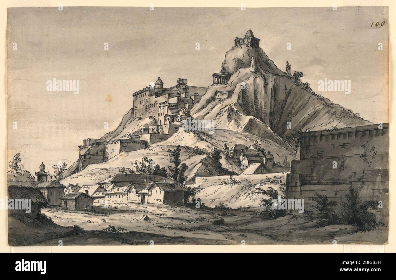 Stage Design Mountain avec la ville sur les pistes. Rectangle horizontal. Montagne avec bâtiments sur colline. Banque D'Images